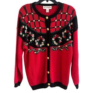 VTG Norton McNaughton Red Christmas‎ Cardigan Sweater Embroidered Holly Large